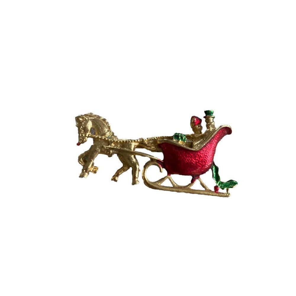 Vintage Pin Brooch Christmas Sleigh Horse Xmas New View Holiday
